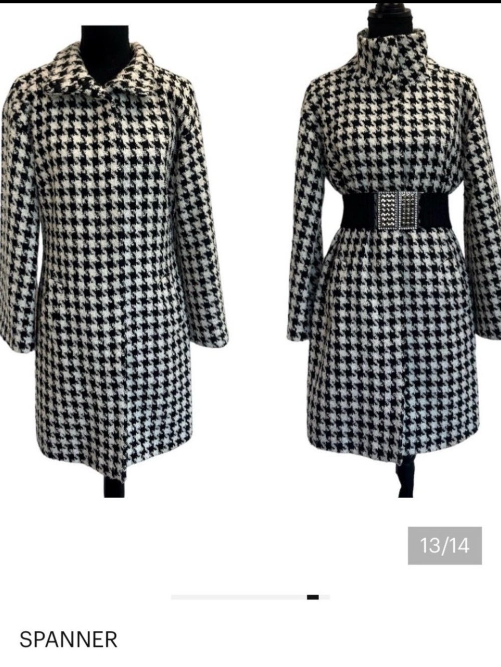 SPANNER Black & White Houndstooth Pea Coat with Red Satin Lining